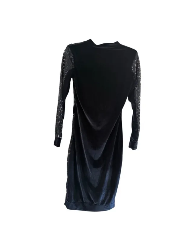 Black Velvet Midi Dress with Sheer Sparkle Sleeves - Image 3