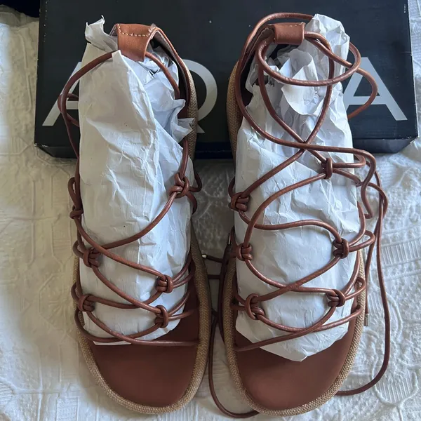 Aqua Cognac Straw Lace up Sandal Sz 9.5 - Image 3