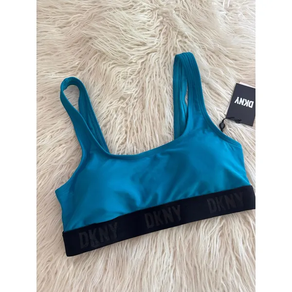 DKNY Scoop Neck Logo Bikini Swim Top Blue Size Medium - Image 3