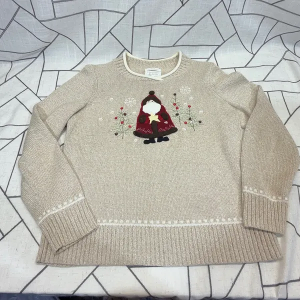 Christopher & Banks Sweater Small Beige Santa Hand Embroidered Christmas Holiday - Image 3