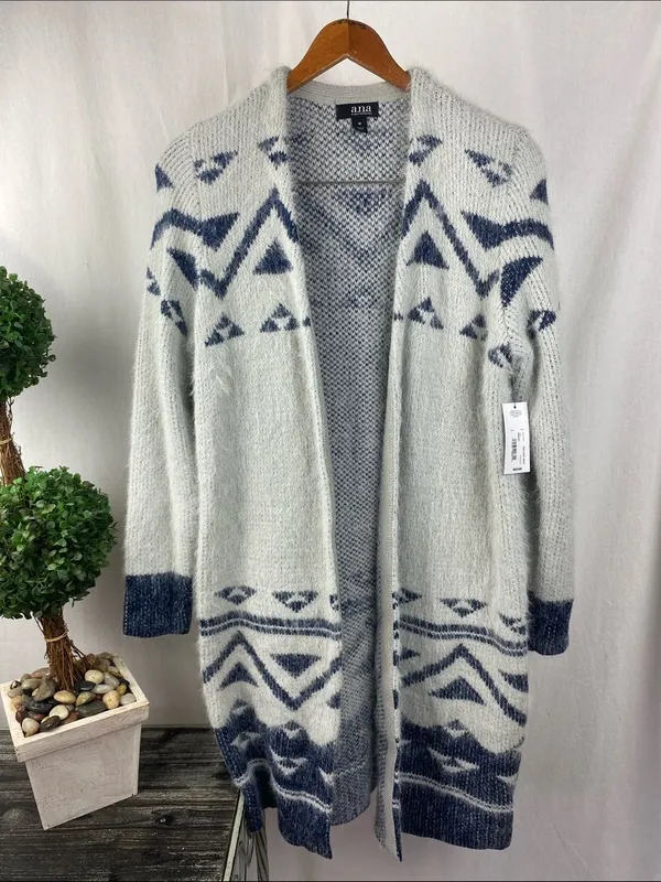 ANA Gray & Blue Print Fuzzy Fluffy Comfy Long Sleeve Open Front Cardigan M NEW - Image 2