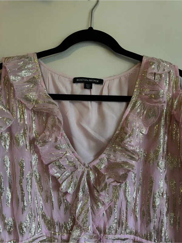 Boston Proper Ruffled Maxi Dress With Lurex Fabric Pink Womens Small - Image 4