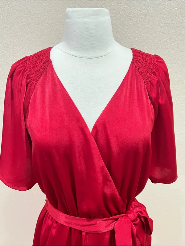 Maurices Deep Red Semi Satin Faux Wrap Ruffle Midi Dress Size Medium - Image 10