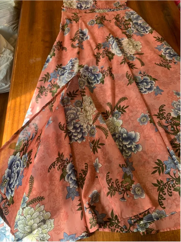 Miami maxi Dress Large Peach with Blue Yellow Floral Halter Crochet Derails - Image 4