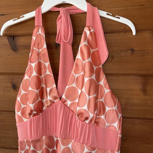 Forever y2k Coral Pink Polka Dot Satin Halter Empire Waist Dress Size Large - Image 2