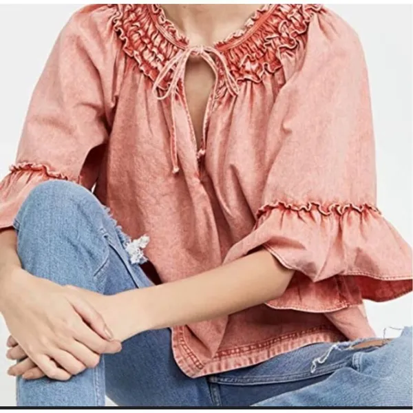 Free people orange mineral wash Ainsley ruffle blouse small - Image 2