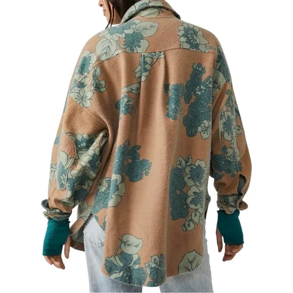 Free People Ruby Printed Jacket Shacket Oversized Blue Floral Distressed XS RARE - Image 3