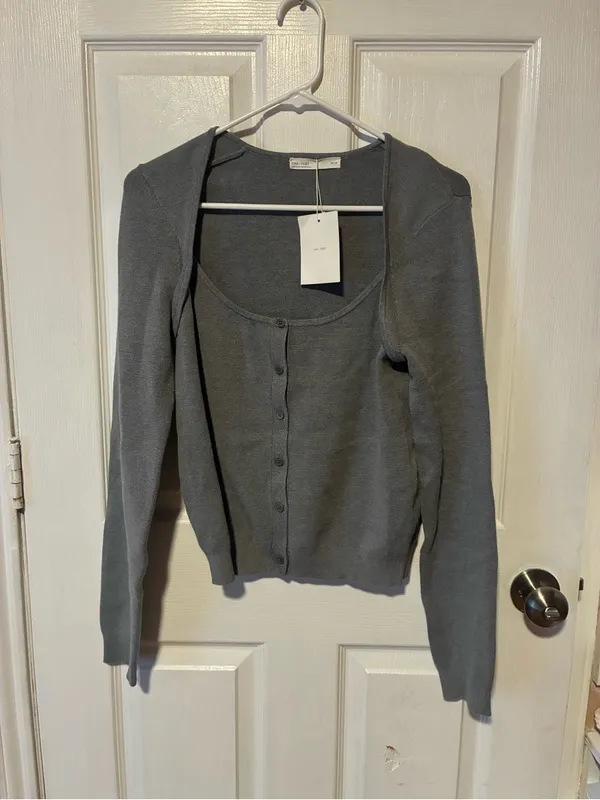 Oak Fort BUTTON FRONT SQUARE NECK SWEATER size medium minimalist Gray - Image 2