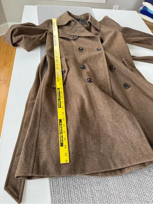 Vintage GAP Tan Wool Herringbone Belted Trench Coat Size Medium - Image 7