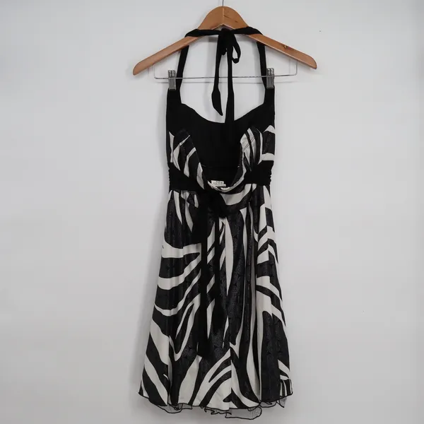 Xtraordinary Zebra Print Halter Dress Black White Glitter Tulle Hem Medium USA - Image 3