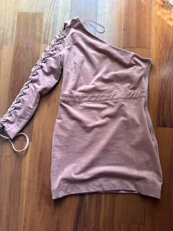 Pink Faux Suede One Shoulder Dress - Image 3