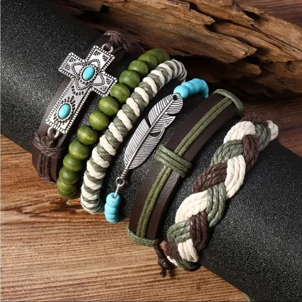 Bohemian Faux Leather Bracelet Set Cross‎ & Feather Charms Adjustable Handwoven - Image 2