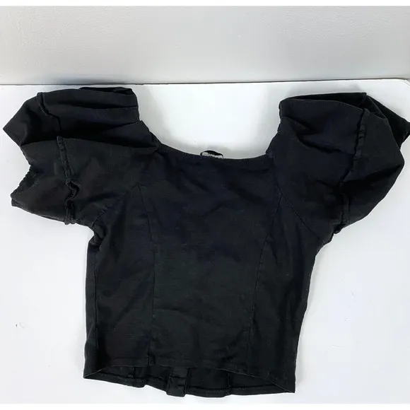 Sugarlips Mirabelle Puff Sleeve Top Black Linen Button Front V-Neck‎ Size Medium - Image 7