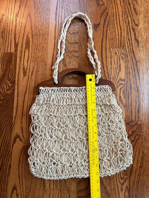 Vintage Simon New York Macrame Bag Wood Handle Italy 60s 70s Boho - Image 3