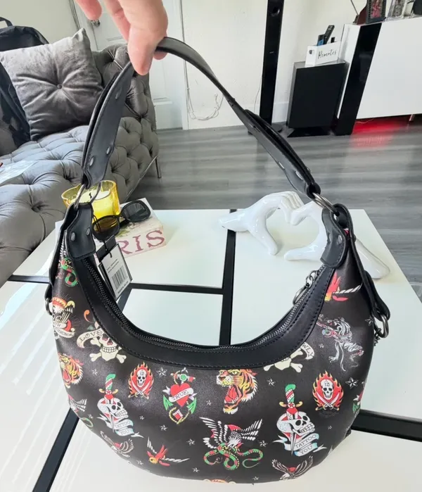 🔥 NWT Ed Hardy Y2K Tattoo Print Studded Hobo Bag Black 🖤 - Image 14