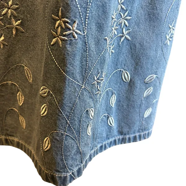 Denim Midi Dress VTG Embroidery Front Pockets Boho Western SZ M Carolina Bay - Image 4