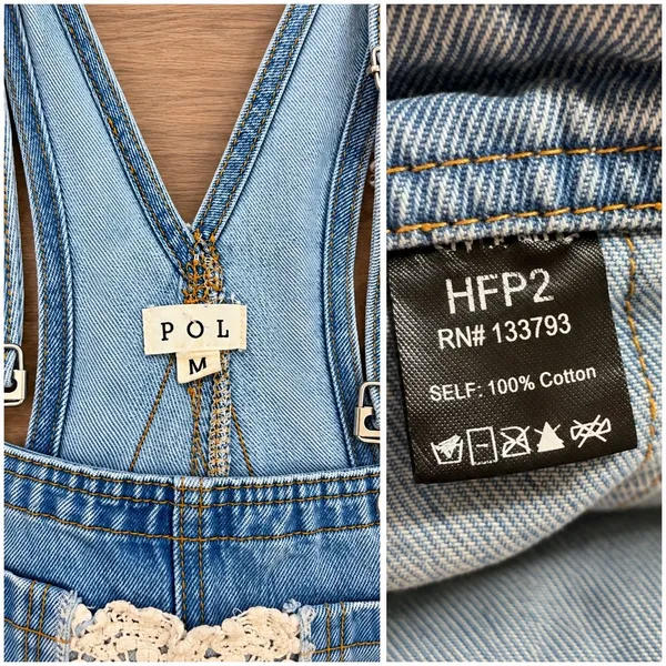 POL Light Wash Denim Overalls Size M Crochet Lace Wide Leg Boho - Image 12