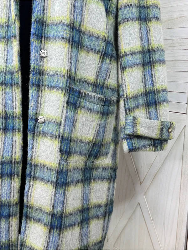 Cyrus Plaid Wool Blend Long Midi Overcoat Coat Grey Green Blue Large Winter - Image 6