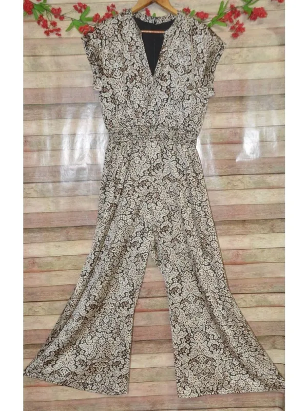 MSK Jumpsuit Womens L Black Beige Paisley Wide Leg Smocked Waist Boho - Image 3