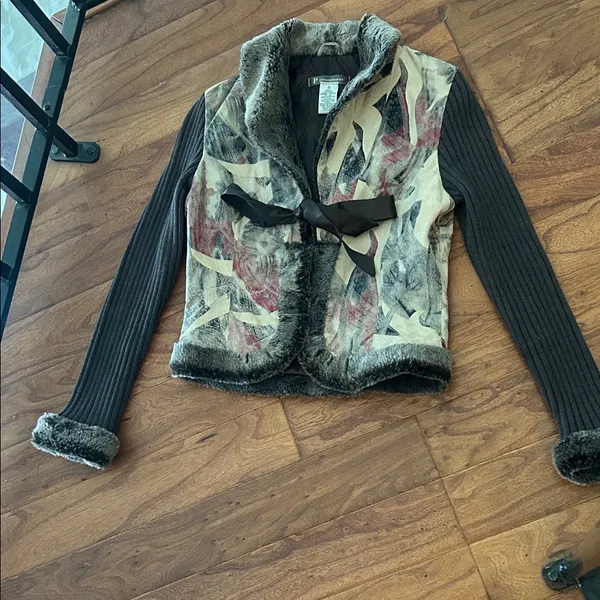 Phosphorus Leather Printed Knit Fur Trim Jacket Size Small - Image 2
