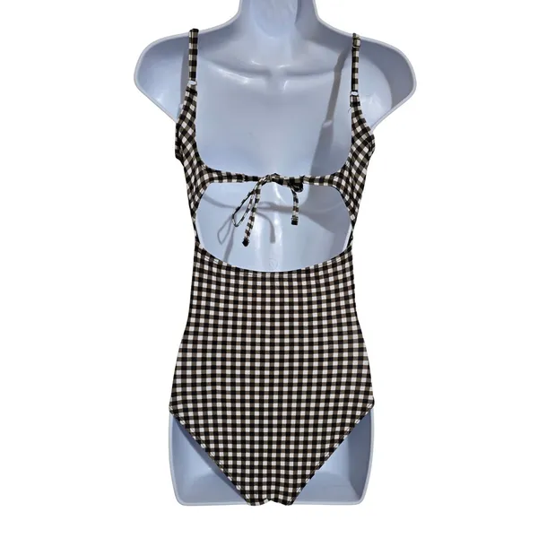 Brown Plaid Checkered One Piece Swimsuit Beach‎ Resort Vacation Janela Bay XS - Image 2