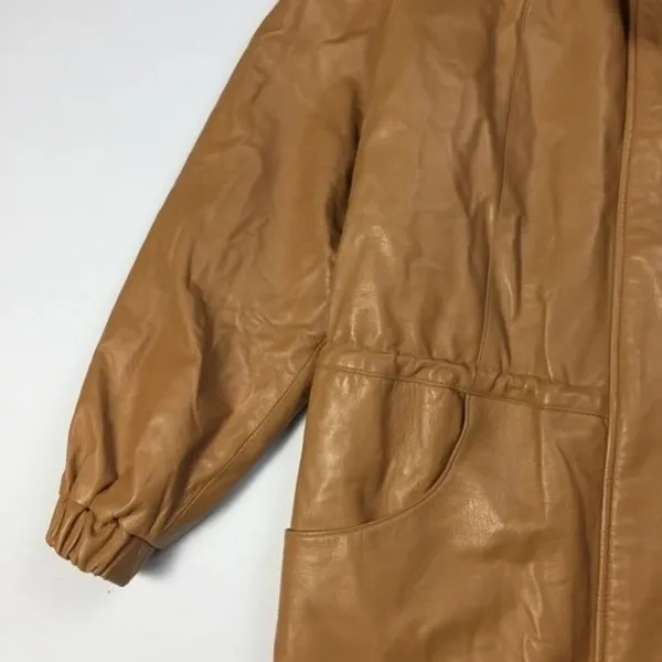 Damselle Nordstrom‎ Drawstring Waist Leather Jacket Tan Size M - Image 6