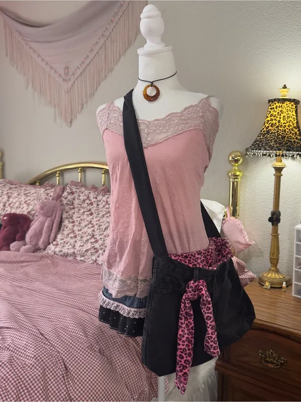 Handmade Black Canvas Crossbody Bag with Pink Leopard Accent - Women's Crossbody - Image 2