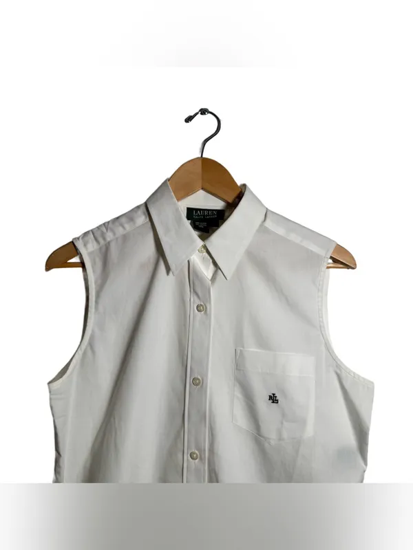 Lauren Ralph Lauren Button Down Blouse Women's Large White Cotton Sleeveless Top - Image 3