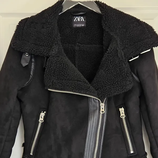 ZARA Women's Double Sided Jacket Faux Suede Shearling Moto Aviator Size Medium‎ - Image 5