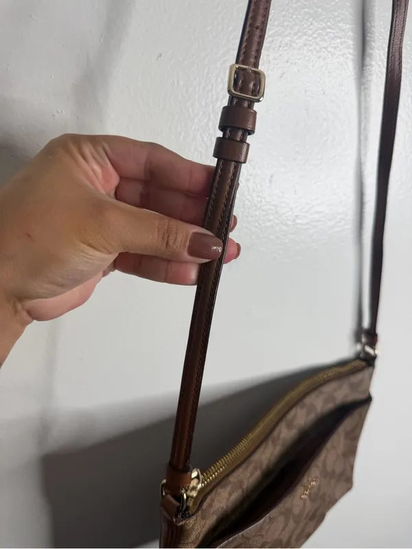 Coach‎ Signature Monogram Khaki Brown Leather Trim Crossbody Bag - Image 4