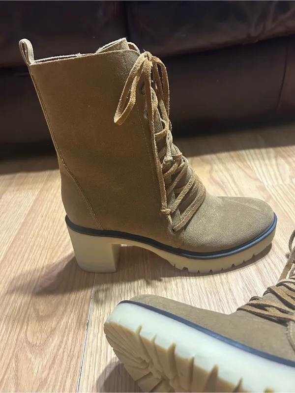 INA Mi.im Tan Suede Lace-Up Chunky Heel Ankle Boots - Image 3