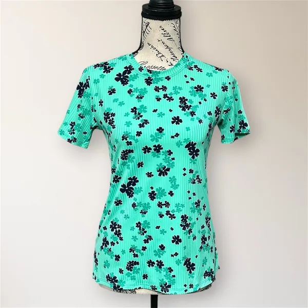 NWT EleVen Venus Williams S‎ Mint Floral Ribbed Tennis Athletic Short Sleeve Top - Image 2