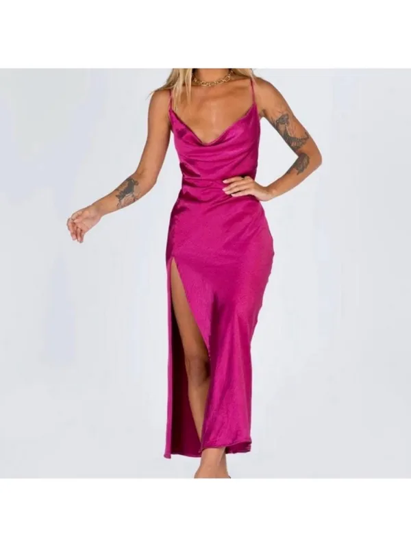 Lioness Magenta Walk The Line Satin Cowl High Slit Pink Maxi Midi xSmall - Image 4