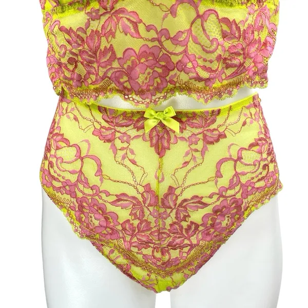 Savage x Fenty Yellow Pink Lace Brallete High Waist Bottom Lingerie 2 Pc Set 1XL - Image 4
