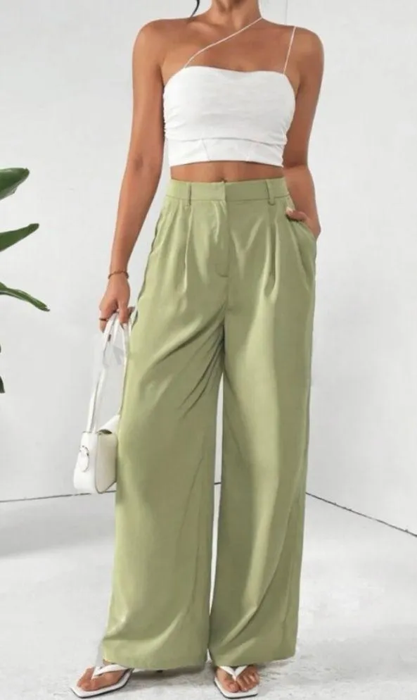 Zara high-rise wide leg pleated green trouser pants with pockets women Size XL - Image 2