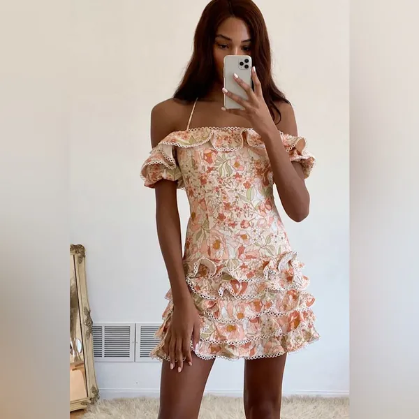 Bardot Caitlyn Peach Floral Off-the-Shoulder Ruffle Tiered‎ Mini Dress Medium - Image 2