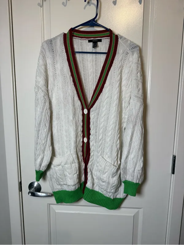 Forever 21 Oversized Cable Knit Varsity Cardigan Cream Red Green Size Small - Image 2