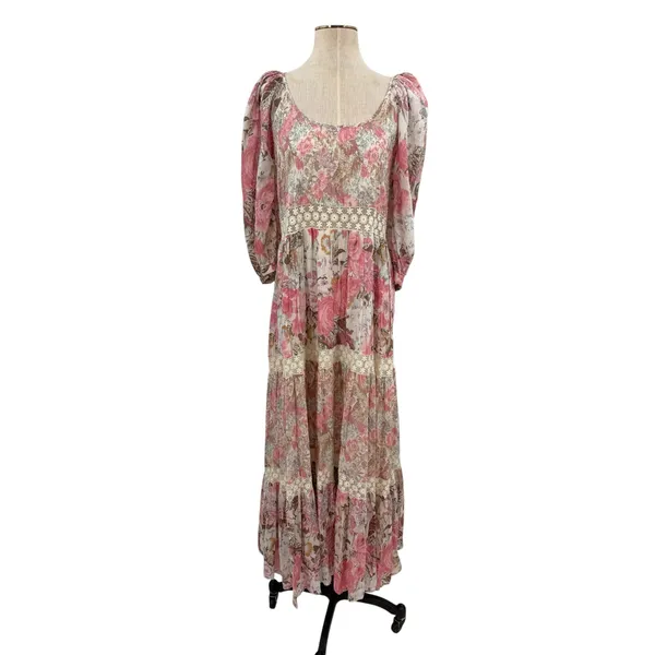 LoveShackFancy Evren Floral Lace Trim Puff Sleeve Cotton Maxi Dress Pink Small - Image 3