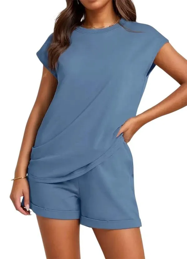 Women's Solid Regular Short Sleeves T-shirt & Solid Elastic Waist Shorts - Image 4