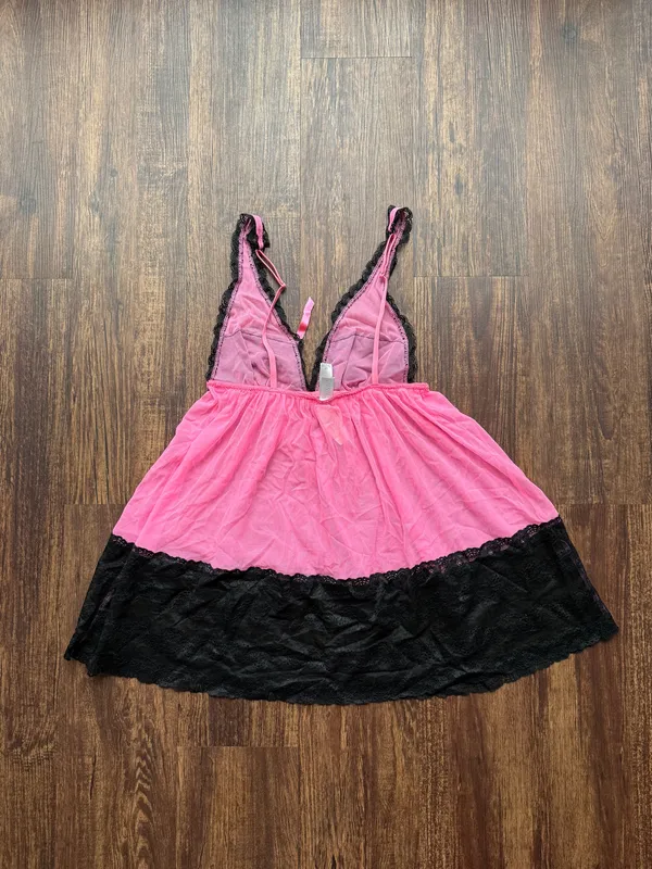 NWT Victorias Secret Pink and Black Sheer Lace Babydoll Nightie Dress - Size S - Image 2