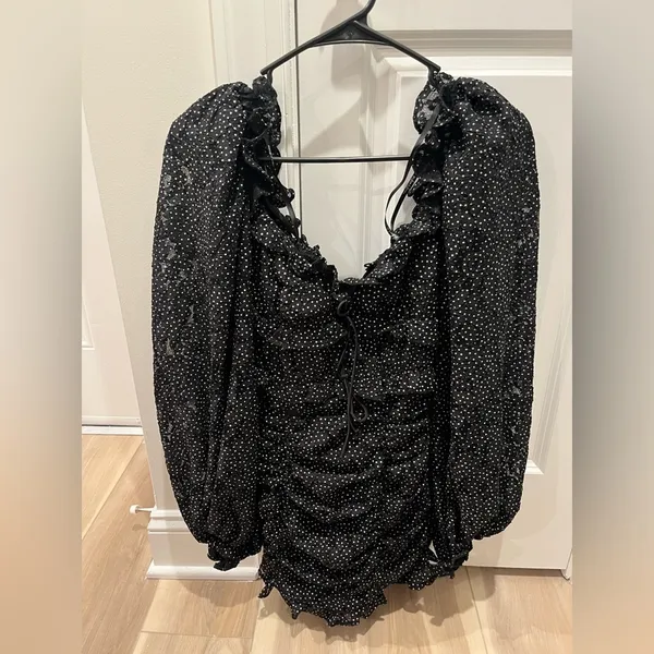 NWT For Love & Lemons Lelia Lace Mini Dress Black White Polka Dot XS - Image 4