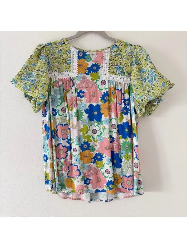 Floral Retro Dopamine Fairycore Bubble Sleeve Lace Coquette Blouse medium - Image 4