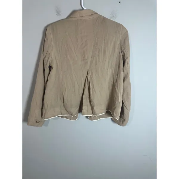 Club Monaco Womens Tan Cotton Silk Utility Safari‎ Blazer Jacket Gold Buttons 4 - Image 7