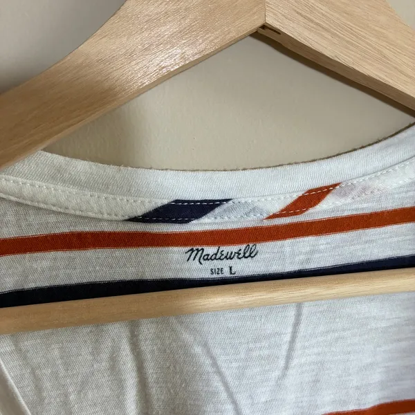 Madewell orange white striped v-neck t-shirt women's size large 100% cotton - Image 3
