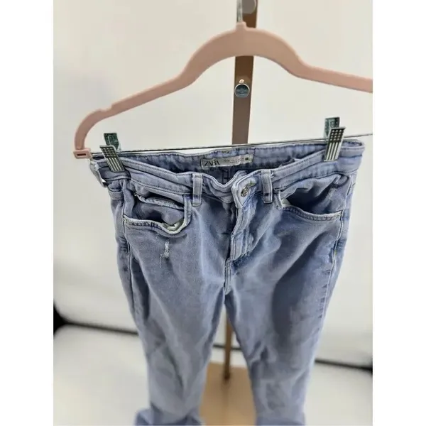 Zara Brono Blue Split Flare Jeans Light Wash Raw Hem Size 4 EUR 36 - Image 5