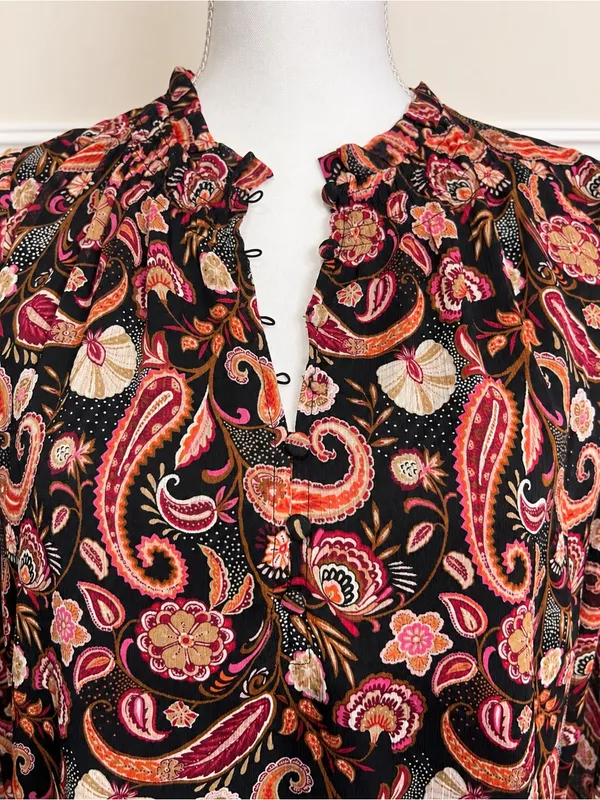 LOFT Paisley Ruffle Neck Long Sleeve Blouse Black Pink Boho Women’s Small - Image 5