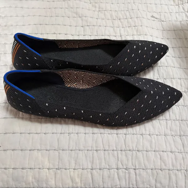 Rothys The Point Black White Micro Dot Pointed Toe Flats 9.5 Stripe Heel‎ EUC - Image 4