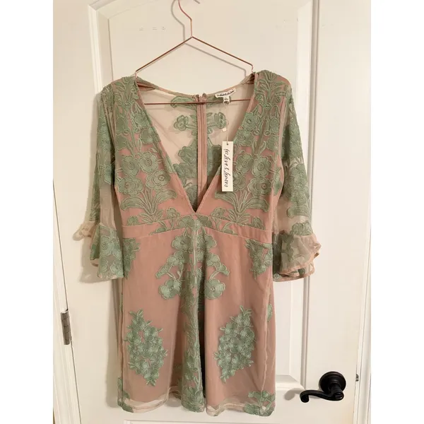 For Love & Lemons Dress Womens Large Nude Green Floral Embroidered‎ Mini $298 - Image 3