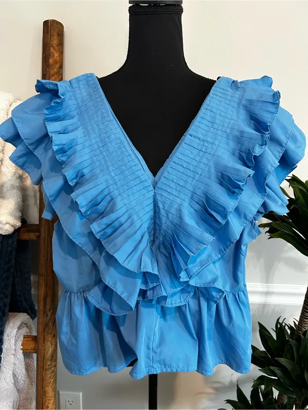 entro Sky Blue Pleated Ruffle V-Neck Blouse - Image 6