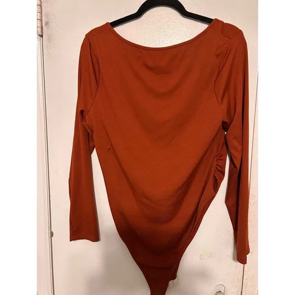 Shein‎ Ribbed Long Sleeve Bodysuit Rust Orange Large Half Zip Casual Streetwear - Image 2